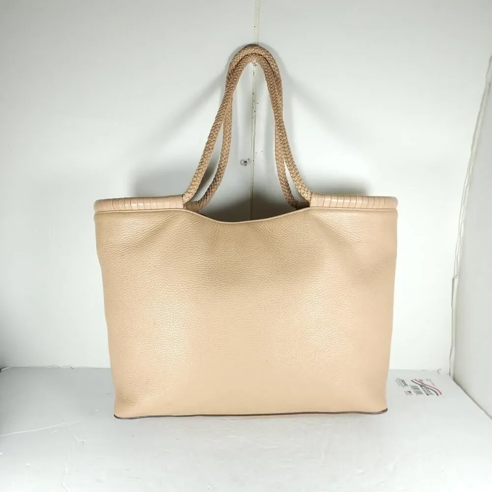 Tory Burch Taylor Beige Pebbled Leather Large Logo Tote Bag Shoulder Bag